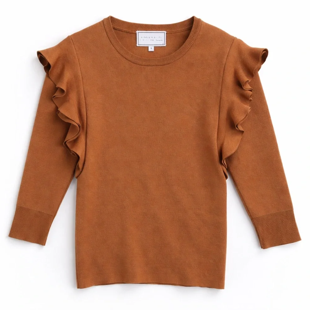 Apparalel Ruffled Shoulder Long Sleeve Top Brown Size Small - Picture 3 of 12